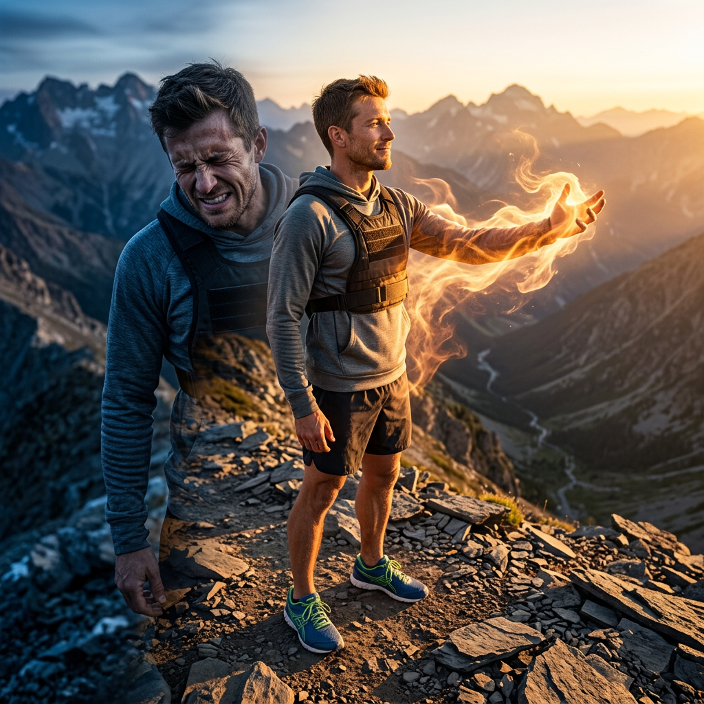 A man standing on a rocky mountain peak with glowing fire-like energy around his arm, a ghostly distressed double behind him