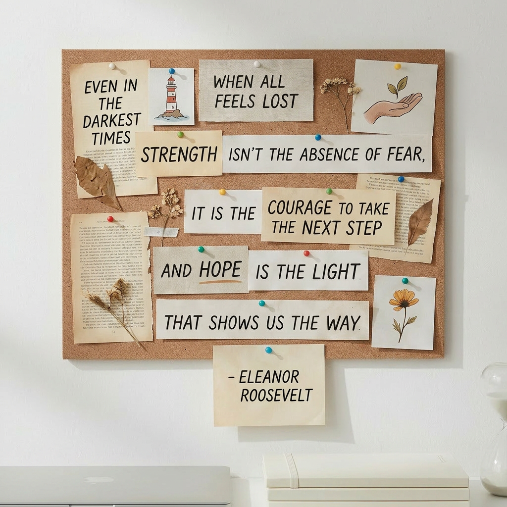 Bulletin board with Eleanor Roosevelt quote about strength, courage, and hope
