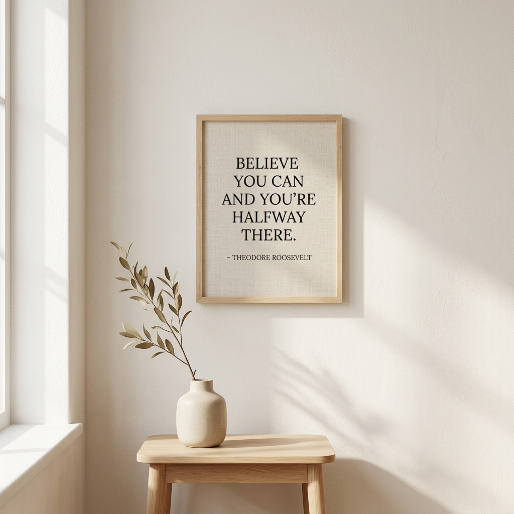 Framed quote 'Believe you can and you're halfway there. - Theodore Roosevelt' on a wall above a wooden table with a vase